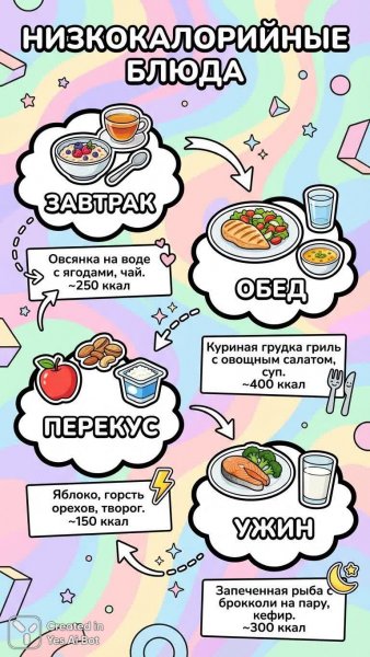 Яркий инфографик: низкокалорийное питание на каждый день. Изображение из нейросети Nano Banana