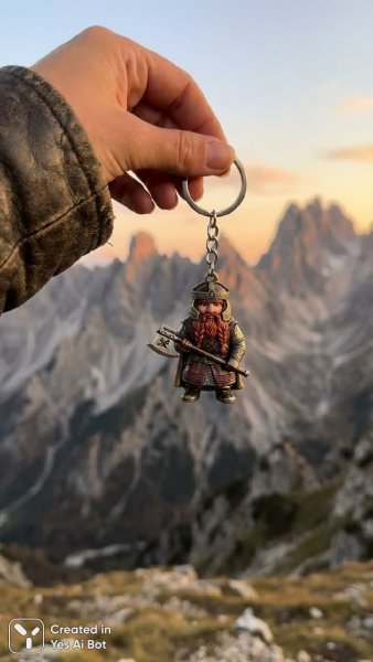 Рука держит ключ от мира – Гимли в деталях и закатном сиянии гор. Изображение из нейронной сети NanoBanana