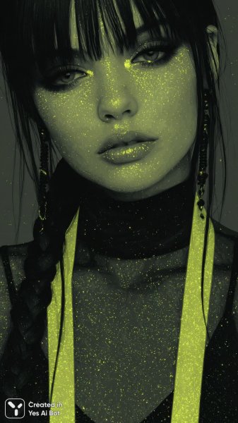 Неоновый готический образ: яркие акценты в темном макияже и контрастный фон. Изображение из нейросети Midjourney