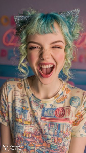 Веселая девушка с кошачьими ушками в ретро-кафе. Генерация из нейросети Midjourney