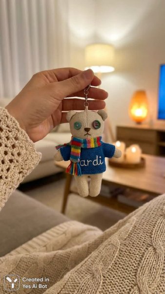 Ручная работа: вязаный медвежонок с шарфом в уютном интерьере. Нейронная сеть Nano Banana