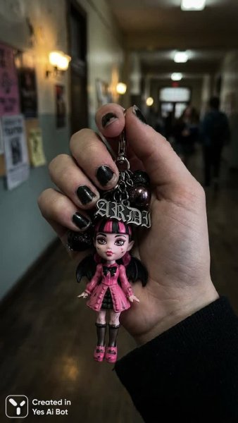 Рука держит Draculaura: жуткие детали и школьный коридор в фокусе. Изображение из нейронной сети Nano Banana