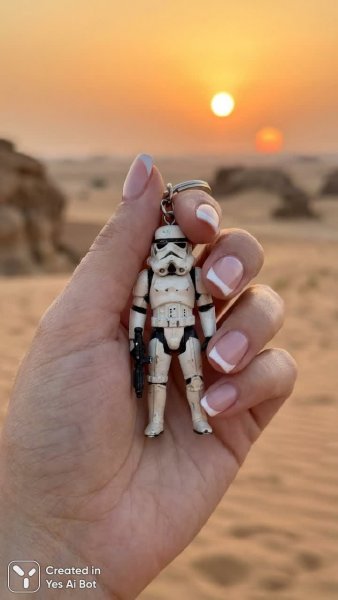 Рука с французским маникюром и брелок штурмовик в пустыне под двойным солнцем. Изображение из нейросети Nano-Banana