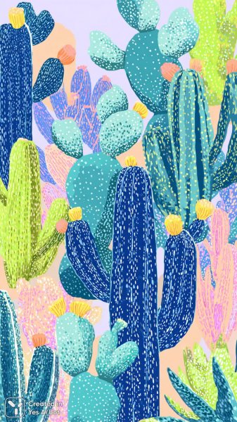 Яркая мозаика и кактус в стиле дудл: солнечный поп-арт с абстрактными элементами. Изображение из нейронной сети Midjourney