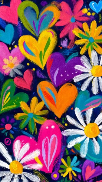 Яркий мир наивного искусства: сердца, ромашки и динамичный дизайн. Изображение из нейросети Midjourney