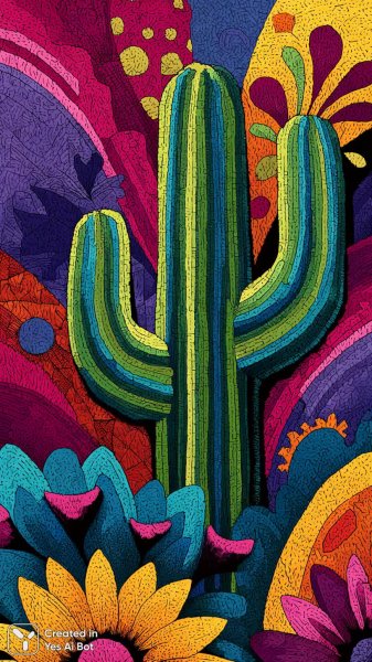 Яркий кактус в стиле мультфильма: декоративные волны и цветочные мотивы. Изображение из нейросети Midjourney
