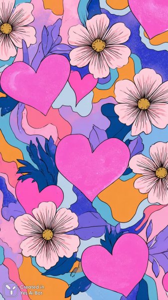 Веселое настроение: абстракция, цветы и сердца в стиле поп-арт. Изображение из нейронной сети Midjourney