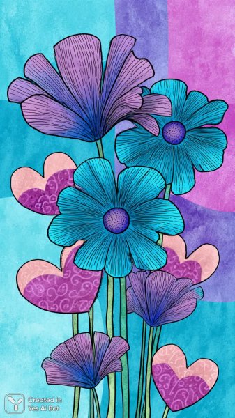 Яркий мир цветов и сердец: игривый поп-арт с дудлами и бирюзой. Нейронная сеть Миджорни