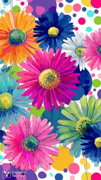 Радостный минимализм: яркие полосы, ромашки и геометрические фигуры на фоне горошка и сердец. Картинка из нейронной сети Миджорни