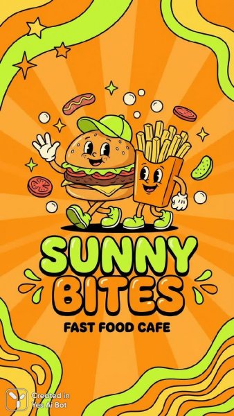 Яркий логотип кафе быстрого питания: оранжевый фон, акценты лайма, веселый маскот. Нейросеть Нано Банана