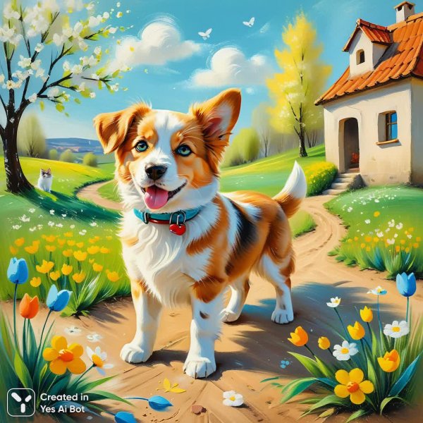 Весеннее настроение кота и собаки. Нейросеть Stable Diffusion