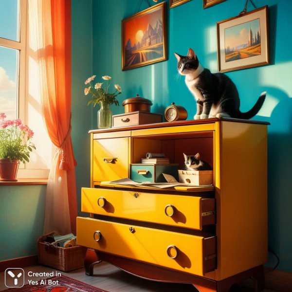 Советская ностальгия: солнечный свет и котенок в открытом ящике стола. Картинка из нейросети Stable Diffusion