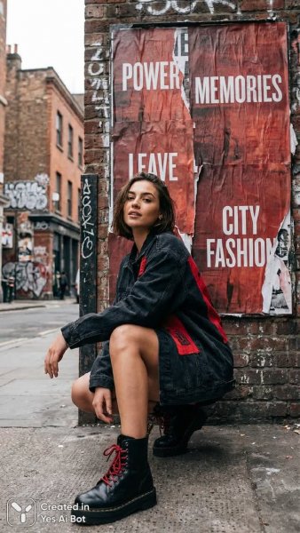 Городской стиль и дерзкий вызов: бунтарка в кожаной куртке перед красным коллажем. Изображение из нейросети Nano Banana