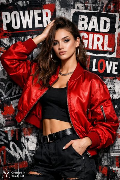 Стильный городской образ: дерзкая красотка в красной куртке и сетчатой топ. Картинка из нейронной сети Sora Ai Images