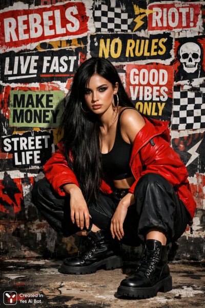 Уличный стиль: дерзкий силуэт на фоне ярких граффити и городских лозунгов. Картинка из нейронной сети Sora