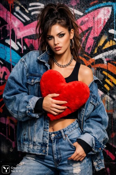 Городской стиль и дерзкий взгляд: девушка с плюшевым сердцем на фоне граффити. Нейронная сеть Sora Images