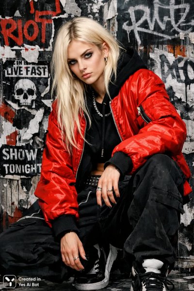 Яркая девушка в городском стиле и красной куртке на фоне граффити и рекламных плакатов. Нейросеть Sora Ai Images