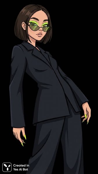 Яркая модель в стиле аниме с неоновым макияжем и желтыми ногтями на черном фоне. Изображение из нейросети Нано Банана