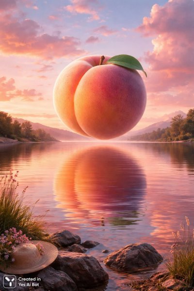 Плавающий персик над спокойным озером: сюрреалистический пейзаж. Нейронная сеть Sora Image