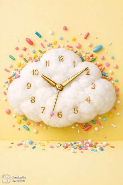 Облако-часы: сладостная фантазия в нежных тонах. Генерация из нейросети Sora Image