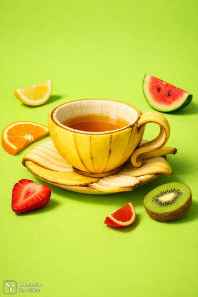 Банановая чашка на лаймовом фоне с фруктовыми акцентами. Картинка из нейронной сети Sora Images