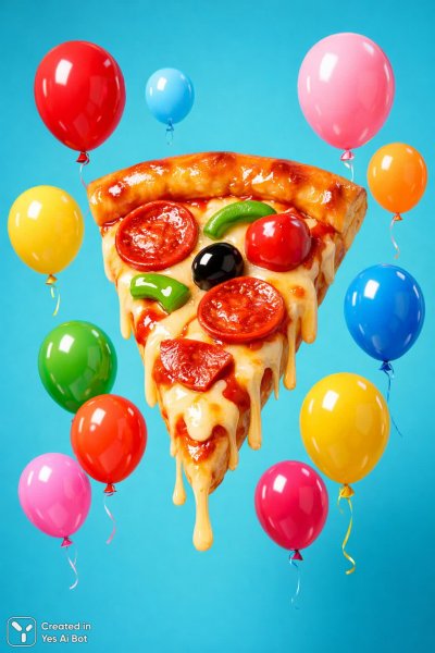Яркий пир с воздушными шарами и вкусной пиццей в сюрреалистичном стиле. Картинка из нейронной сети Sora images Ai