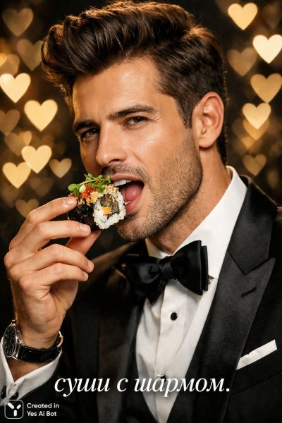Элегантный мужчина и изысканный суши ролл в стильном смокинге. Нейросеть Sora Image