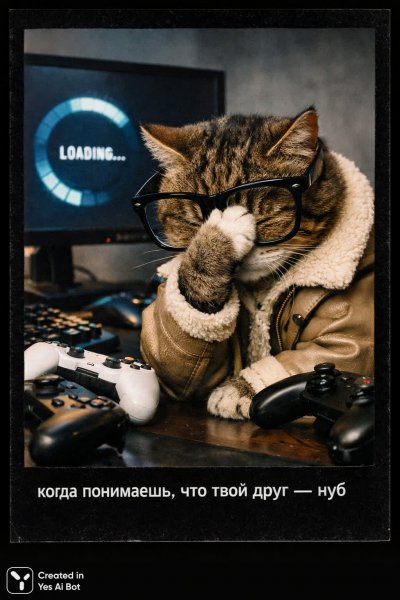 Кот-геймер осознал, что друг – полный новичок в играх. Генерация из нейронной сети Sora Image