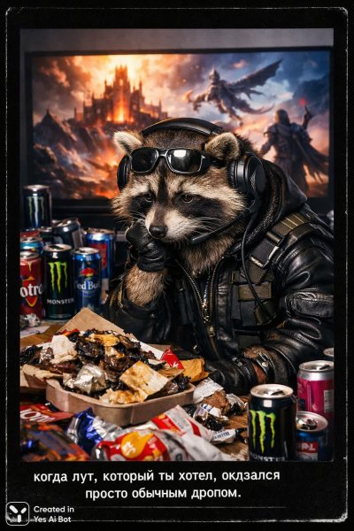 Разочарование геймера: обычный лут и грустный енот среди мусора. Изображение из нейросети Sora Ai Images