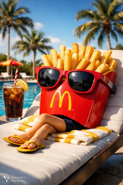 Картошка фри в бассейне: сюрреалистичный кадр от Canon EOS R5. Картинка из нейронной сети Sora Image