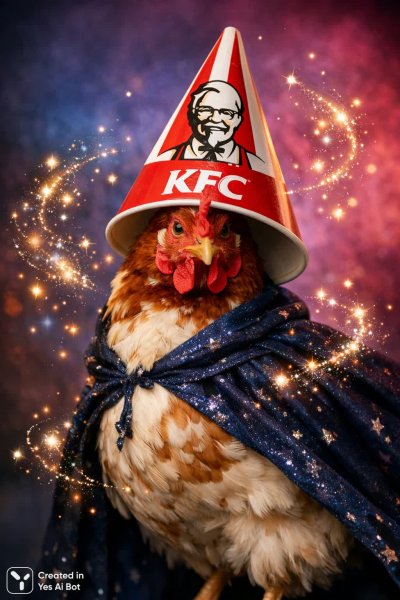 Курица-волшебник с ведром KFC: сюрреалистичный шедевр в стиле студии. Нейросеть Sora
