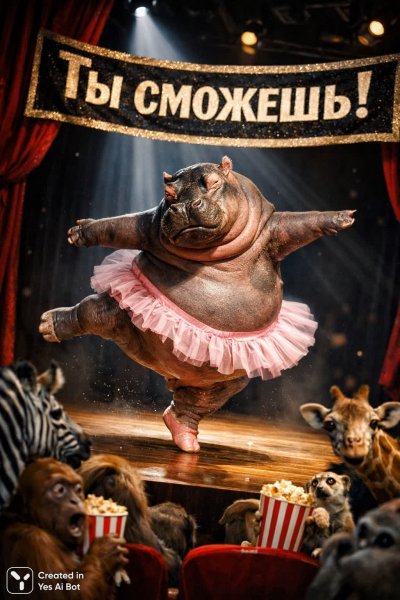 Гиппопотам балерина: комичная фотография с сарказмом и яркими красками. Генерация из нейросети Sora Image