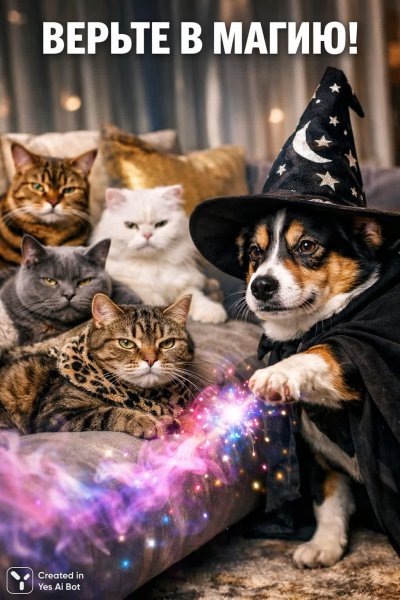 Собака-волшебник и скептичные коты: фотореалистичный мем с магией и юмором. Генерация из нейронной сети Sora Ai Images