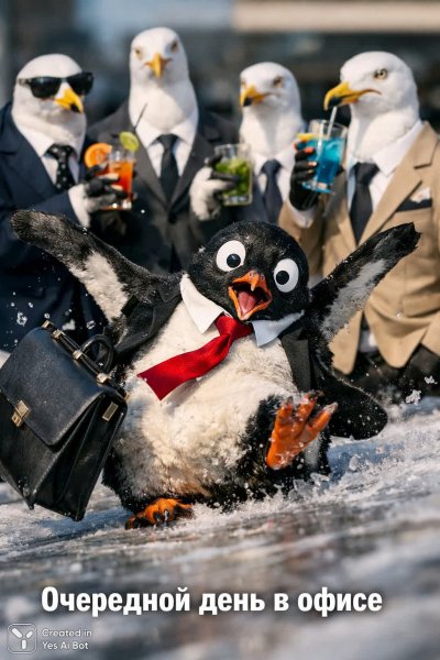 Пингвин в галстуке: офисный день на льду. Генерация из нейронной сети Sora Images