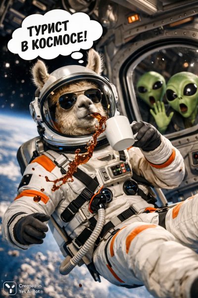 Космическая лама с кофе: неловкий момент межгалактического туризма. Картинка из нейронной сети Sora Ai Images