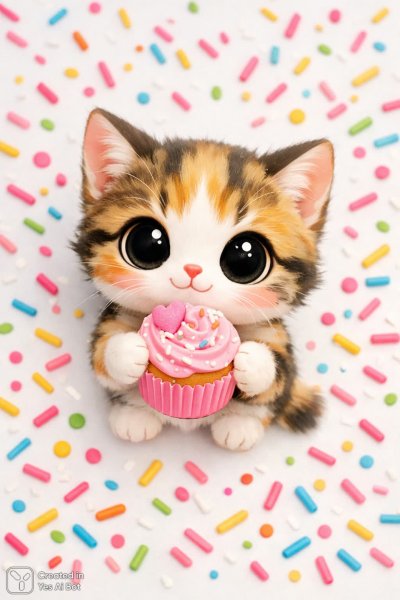 Милый котенок с кексиком и разноцветными посыпками - детская иллюстрация в стиле минимализм. Изображение из нейросети Sora Images