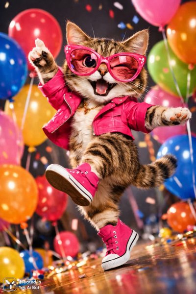 Весёлый кот в розовых очках танцует на одной ноге среди ярких шаров: фотореалистичная иллюстрация. Генерация из нейросети Sora Image