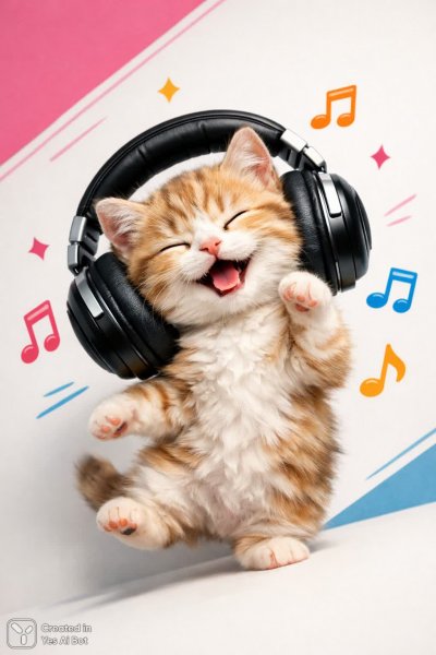 Танцующий котенок в огромных наушниках: яркая радость и минимализм. Изображение из нейросети Sora Ai Images