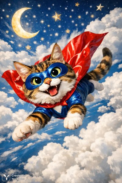 Кошачий супергерой в облаках: яркий и игривый мультяшный полет среди звезд. Генерация из нейронной сети Sora Image