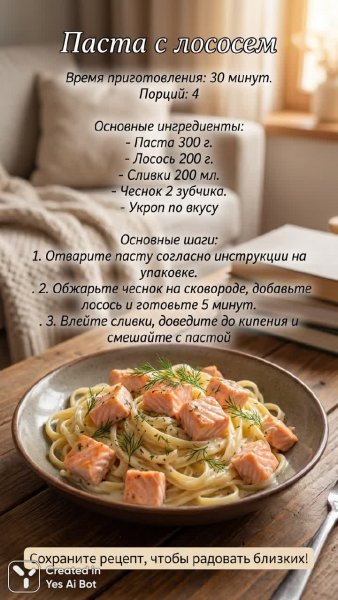 Быстрый и вкусный рецепт пасты с лососем для семейного ужина. Картинка из нейросети Nano-Banana
