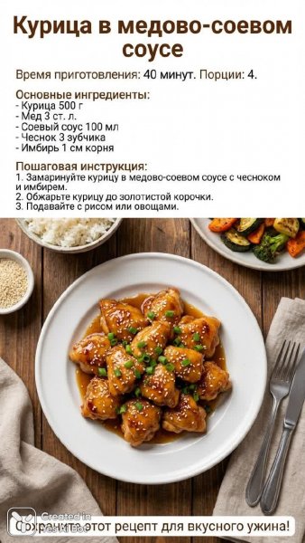 Ароматная курица в медово-соевом соусе: простой рецепт для семейного ужина. Картинка из нейронной сети Nano-Banana