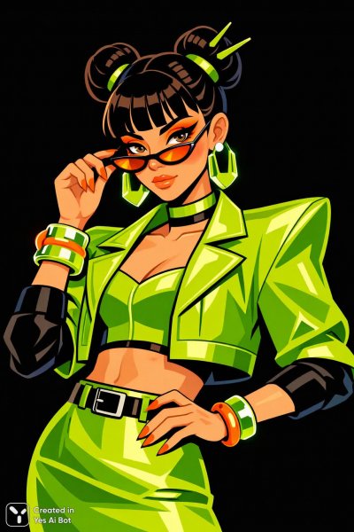Яркая модница в стиле ретро-футуризма: векторное искусство с неоновым акцентом и смелыми линиями. Нейросеть Sora images Ai
