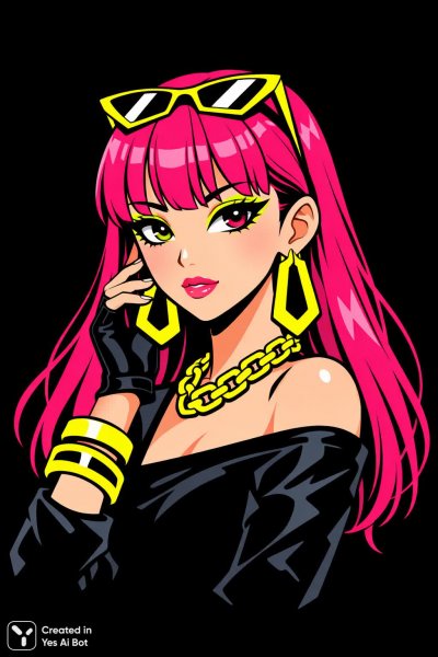 Яркая девушка в стиле аниме с фуксией и лаймом на черном фоне. Генерация из нейронной сети Sora images Ai