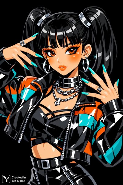 Яркая девочка в стиле аниме с неоновым маникюром и смелым макияжем. Изображение из нейронной сети Sora images Ai