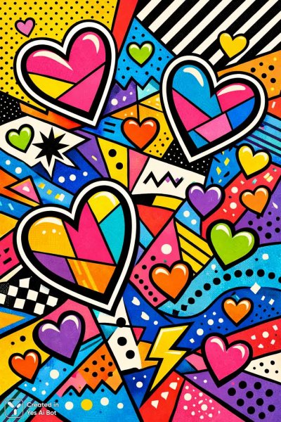 Яркий абстрактный фон с геометрическими фигурами и линиями, разноцветные сердца, весёлое настроение. Нейронная сеть Sora Ai Images
