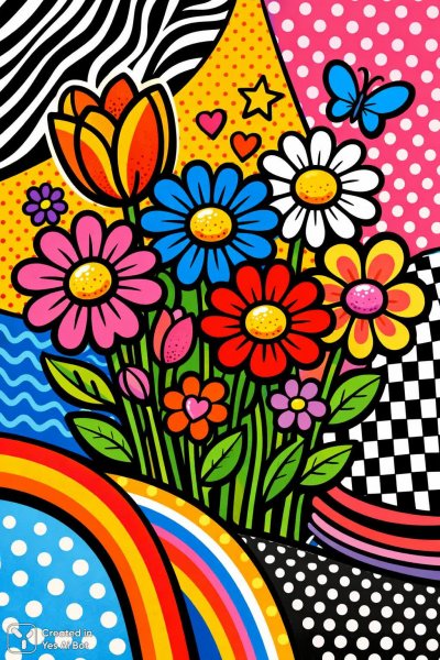 Яркие цветы на пестром фоне: игривые иллюстрации в стиле поп-арт. Нейронная сеть Sora Images