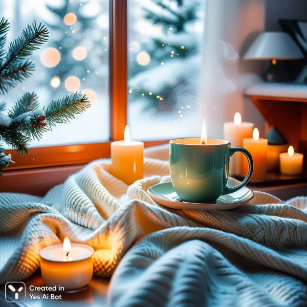 Зимнее спокойствие: уютный натюрморт в скандинавском стиле с мягким светом и нежной акварелью. Картинка из нейронной сети Stable Diffusion