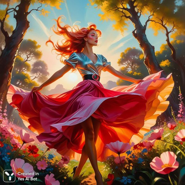 Волшебная фея в лучах заката: танец радости и жизни на полотне. Изображение из нейронной сети Stable Diffusion