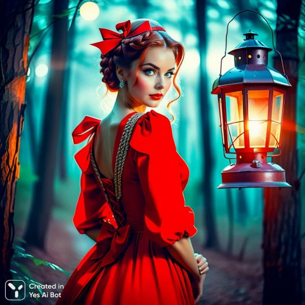 Женщина в красном винтажном платье с фонарем в лесу. Изображение из нейронной сети Stable Diffusion