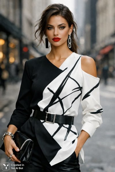 Уличный стиль: элегантность, уверенность и смелые детали в черно-белом образе. Генерация из нейросети Sora
